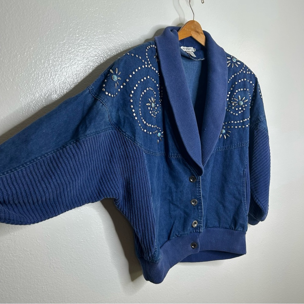 Vintage Denim Bomber Jacket Knit Studded Turquoise Beaded Coat M